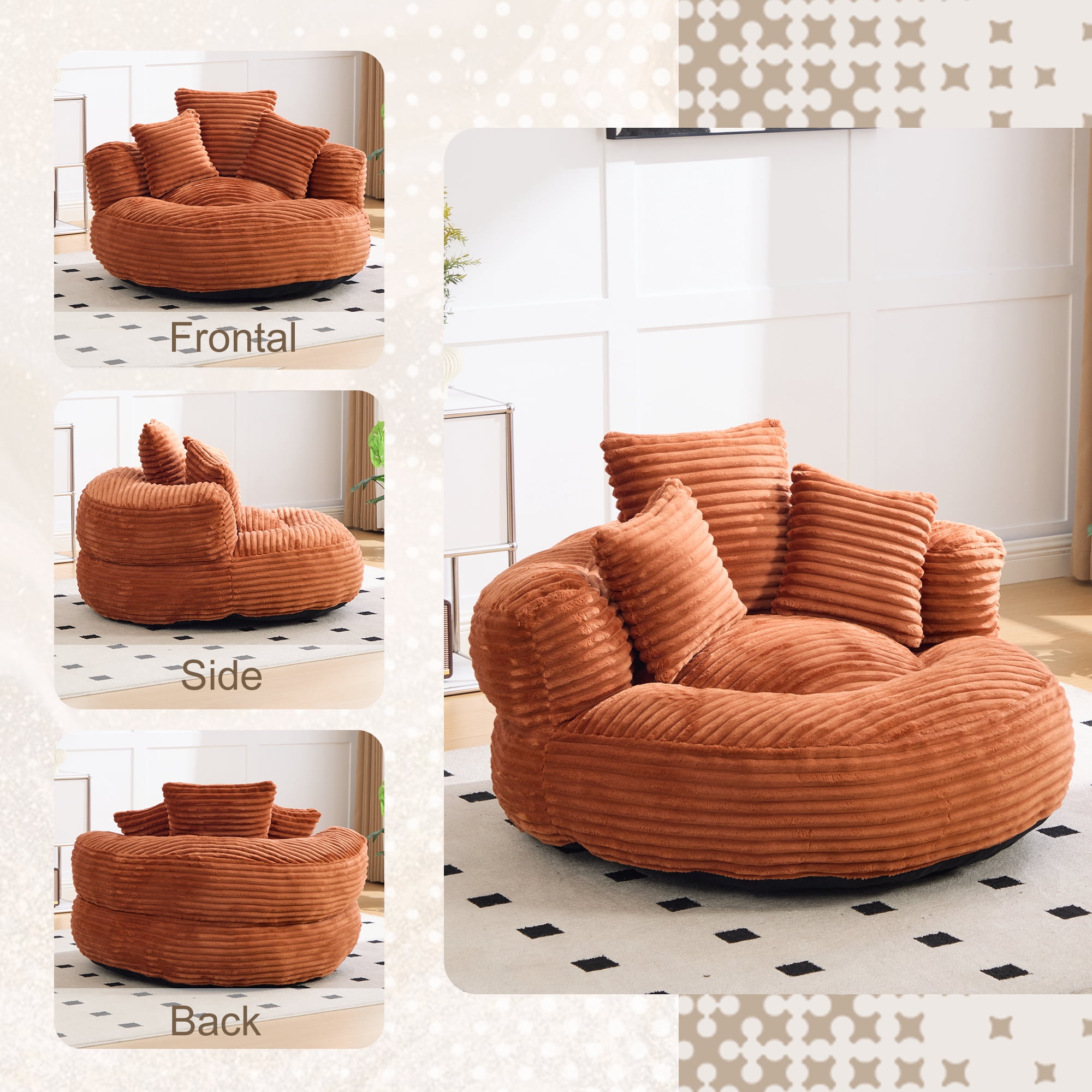 Aukfa 42.5"W Oversized Round Chaise Lounge Chair Indoor, Corduroy Floor Sofa with 3 Pillows, 550 lbs, Orange