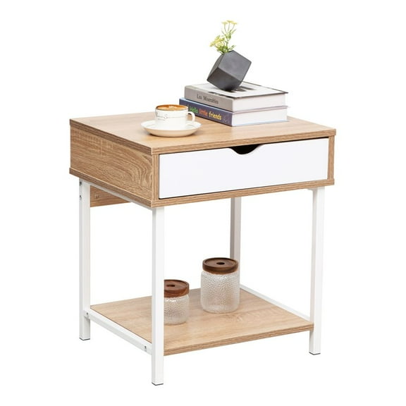 Eden Home Modern Wood End Table with Drawer and Storage Shelves in Oak/White