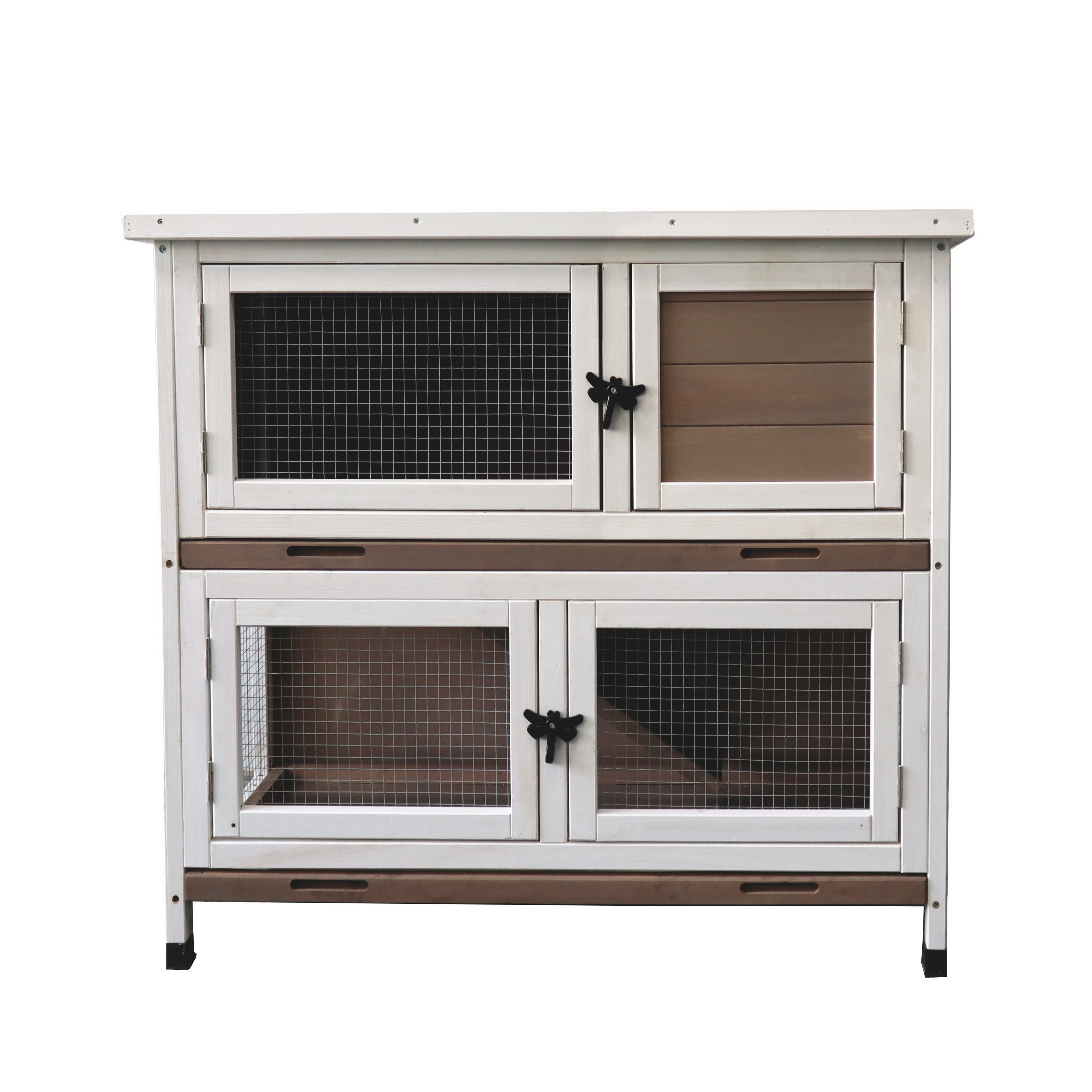 Seizeen 36 inch Rabbit Hutch, Two-layer Wooden Bunny House with Climbing Ladder, Plastic Pull-out Tray, Openable Roof and Lockable Door, Indoor Outdoor Pet Cage for Small Animals(Brown/White)