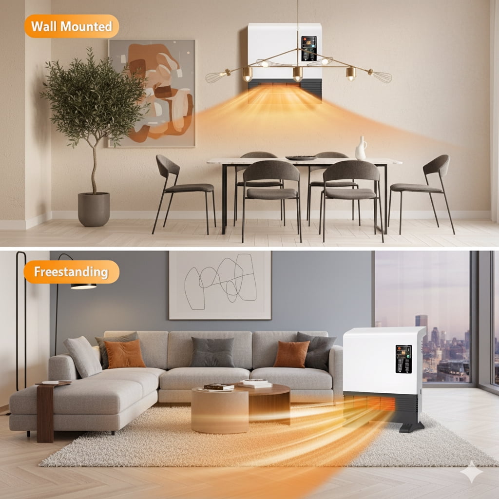 Wall Mounted Room Electric Heater with Standing Base, Energy Saving, Timer, 3 Modes, White
