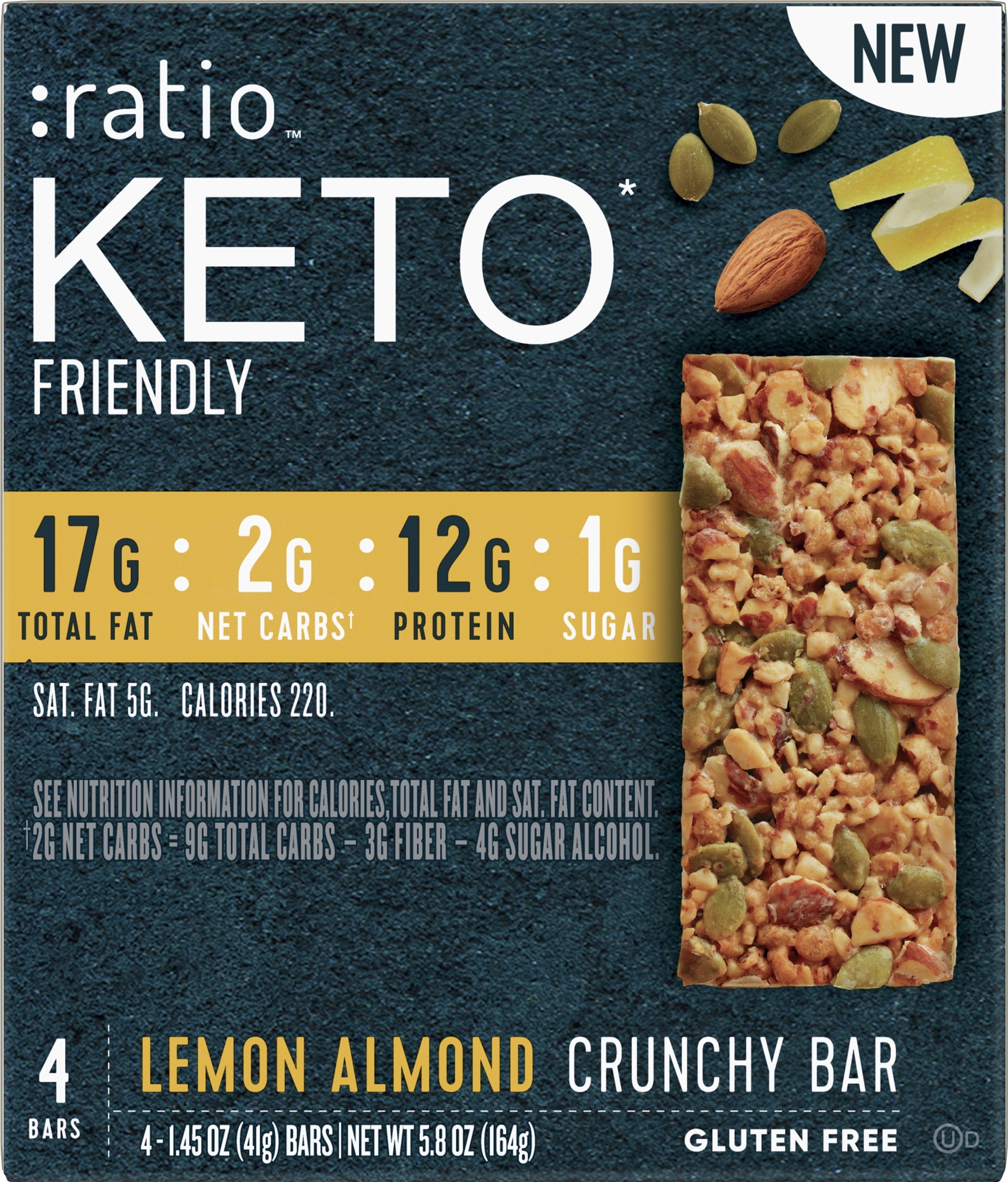 ratio KETO* friendly Lemon Almond Crunchy Bar, Gluten Free, 4 ct Box