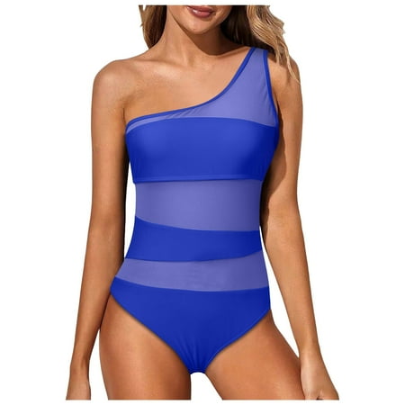 QYZEU Women Swimsuits Bikini Mesh Patchwork High Waist Shorts One-Pieces Swimsuit Slanted Shoulder Hollow Swimsuit Breathable Comfort Lightweight Swimwear Blue 2XL