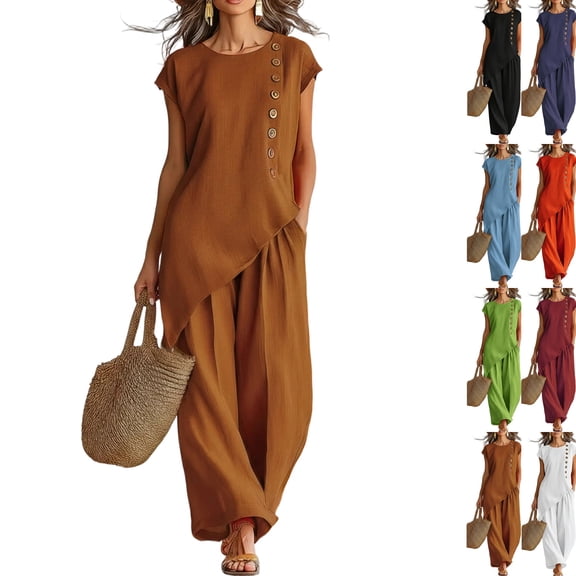 Linen Sets for Women 2 Piece Petite Asymmetrical Slit Button Cap Sleeve Tops and Wide Leg Pants Set Matching Outfit Khaki L
