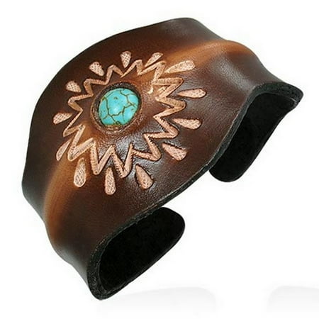 - Brown Tan Leather Blue Turquoise-Tone Engraved Cuff Bangle Womens Adjustable Bracelet