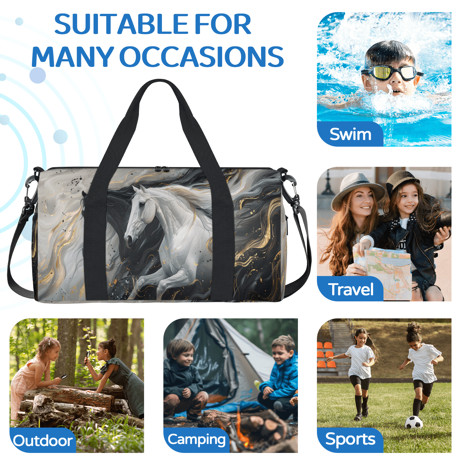 Herdesigns Horse Travel Duffle Bag Sports Yoga Weekender Overnight Carry on Workout Bags Lightweight Waterproof Gym Tote Bag for Women Marble