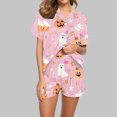 thumbnail image 6 of Satin Pajamas for Womens Halloween Cute Silk Sleepwear Short Sleeve Collared Shirts Shorts Casual Two Piece Pjs Set Pink, XXL, 6 of 6