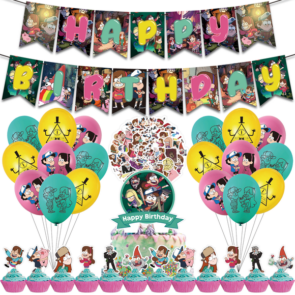 82PCS For Gravity Falls Theme Birthday Party Decorations Set with Banner,12 Cupcake Toppers,18 Balloons,50 Stickers,All in One Children's Celebration Kit Supplies