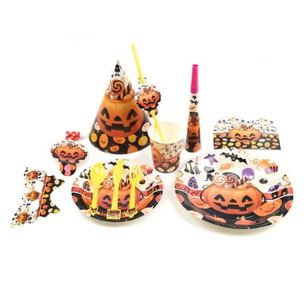 SONLIKE Halloween Paper Party Supply Pack Pumpkin Themed Party Decoration Kit Disposable Dinnerware Set, Set of 77