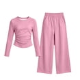 thumbnail image 2 of QTBIUQ Girls Two-Piece Fall Set Long-Sleeve Fitted Crop Top and Elastic Waist Wide-Leg Pants Casual Outfit Set, 2 of 6