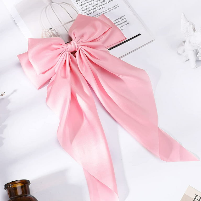 Pink Large Hair Bow for Women Girls, Long Satin Pink Hair Ribbon