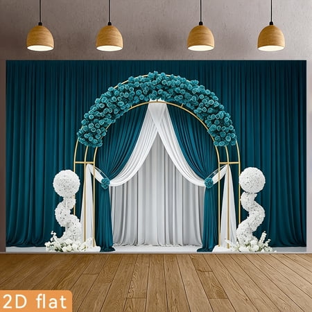 Teal Floral Arch Wedding Backdrop Teal White Curtain Bridal Shower Background Elegant Teal White Flower Engagement Party Decorations Banner Supplies Photo Booth Props