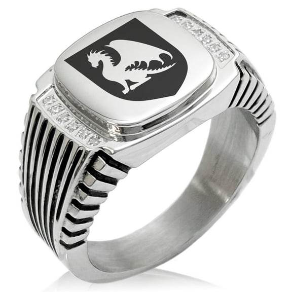 Tioneer Stainless Steel Dragon Guardian Coat of Arms Shield CZ Ribbed Needle Stripe Pattern Biker Style Polished Ring