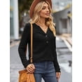 thumbnail image 2 of Tops de manga larga para mujer, jerséis casuales con cuello en V, túnica de punto ligera y lisa con botones para mujer (M), color negro, 2 of 4