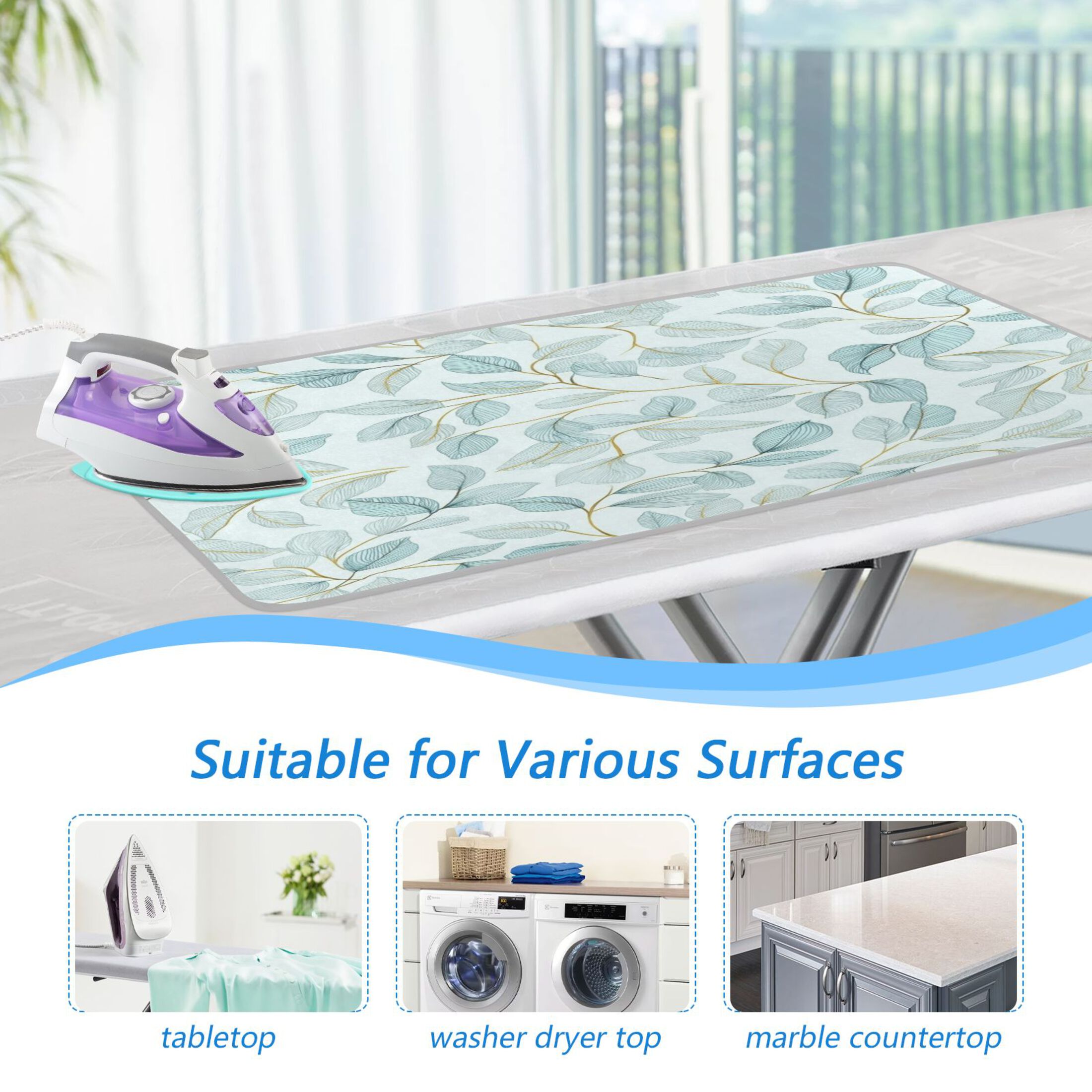 Ironing Mat Portable Ironing Blanket for Table Top Travel Ironing Pad for Washer Dryer 27.6" x 47.2" Pastel Mint Green Leaves