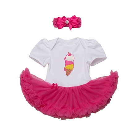 

Cute Character Baby Girl Birthday Party Tutu Dress Romper with Headband 2 pcs Outfit Set (70/3-6 Months Ice Cream)