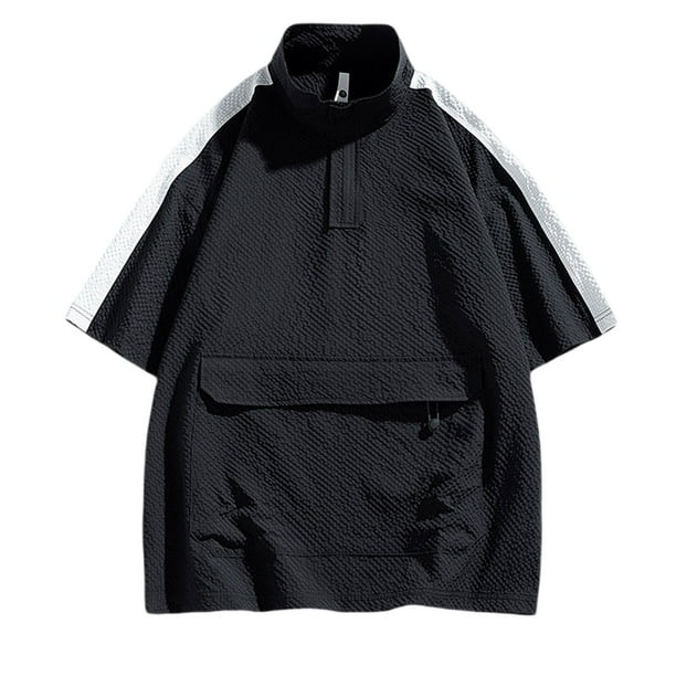 Manga Corta de Verano Tops Moda Casual Color Sólido Cremallera Bolsillo de Pie Camisa de Cuello, Fibra de Poliéster Superior para los Hombres, Lavado de Manos