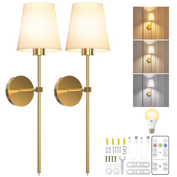 DAYBETTER Battery Operated Wall Sconces Set of 2, Wireless Rechargeable Hallway Light with Remote, 3 Color Temps Dimmable Lamp for Living Room