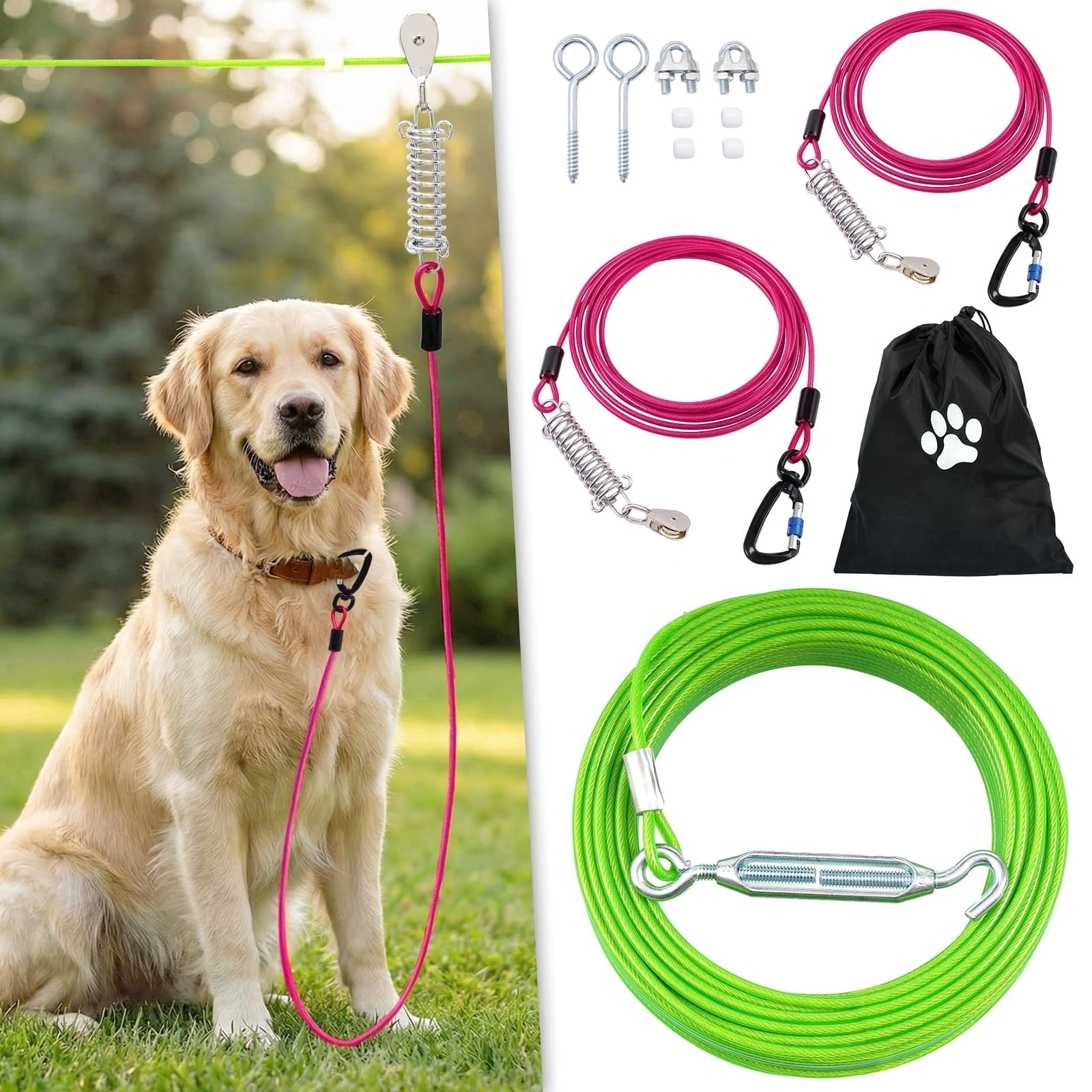 Furggis Heavy Duty Dog Trolley System, 75 ft Runner Cable with Two 10 ft Leads, Supports Dogs up to 250 lbs