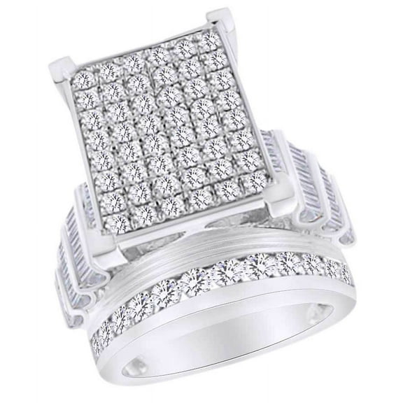 AFFY Round, Baguette Shape White Natural Diamond Engagement Ring In 10k White Gold (2 cttw) Ring Size-4