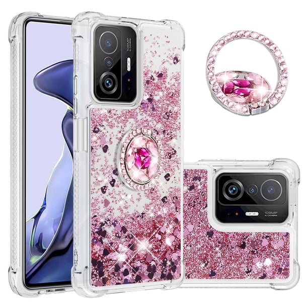 Funda para Xiaomi 11T/11T Pro 5G con Brillo Líquido Flotante, Purpurina, Parachoques y Anillo Giratorio Soporte