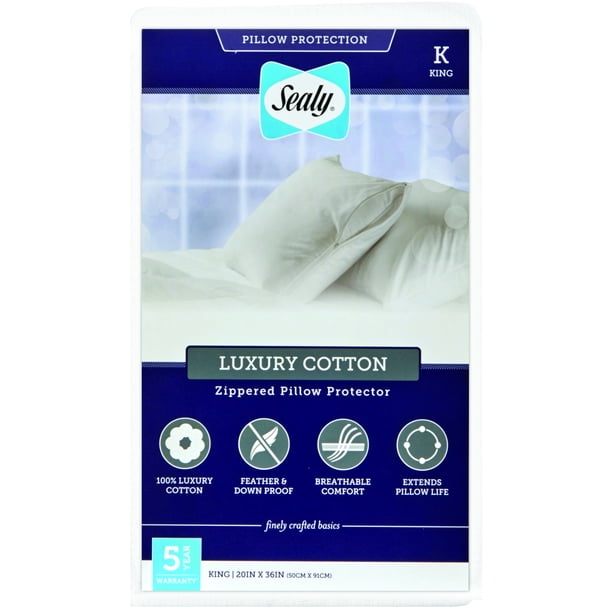 Sealy Luxury Cotton Breathable Zippered Pillow Protector, King, 2 Pack