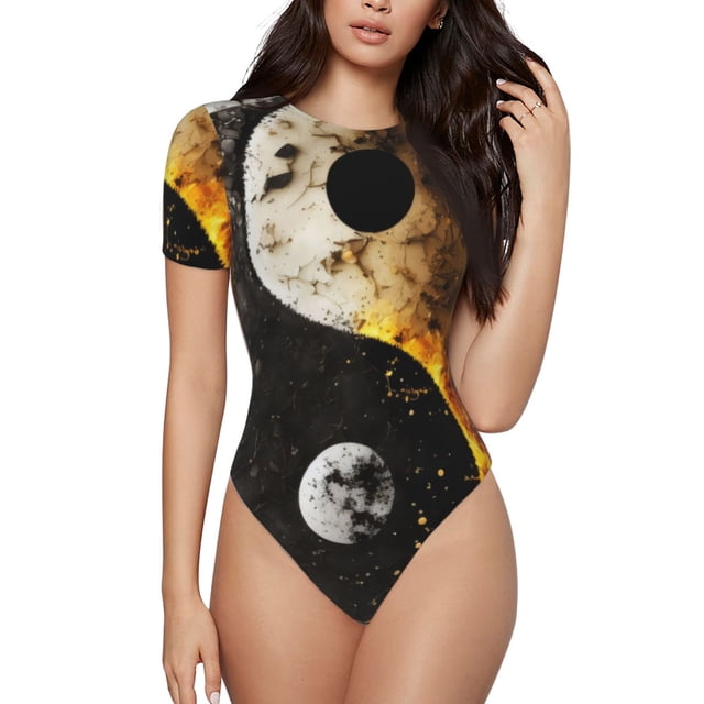 Balery Yin Yang Body de cuello redondo de manga corta para mujer Tops de manga corta Tops básicos-Medium