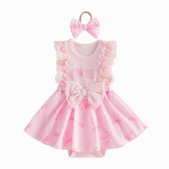 Duqingm Baby Girl 1st Birthday Outfit One Year Old Romper Dress Lace Ruffle Sleeveless Bodysuit Headband Cake Smash Photo Shoot(Red,6-12 Months)