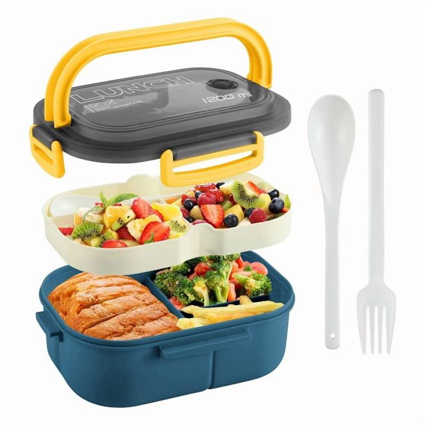 Fiambrera para Adultos Bento Box, Fiambrera de Doble Capa de 1200ML con Cuchara y Tenedor, Contenedores de Alimentos de Alta Capacidad, una Prueba de Fugas