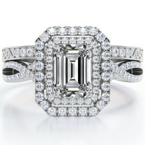 JeenMata Twisted - 1.5 Carat Emerald Cut Moissanite - Filigree Band - Double Halo Design Wedding Ring Set - 18K White Gold Plating over Silver
