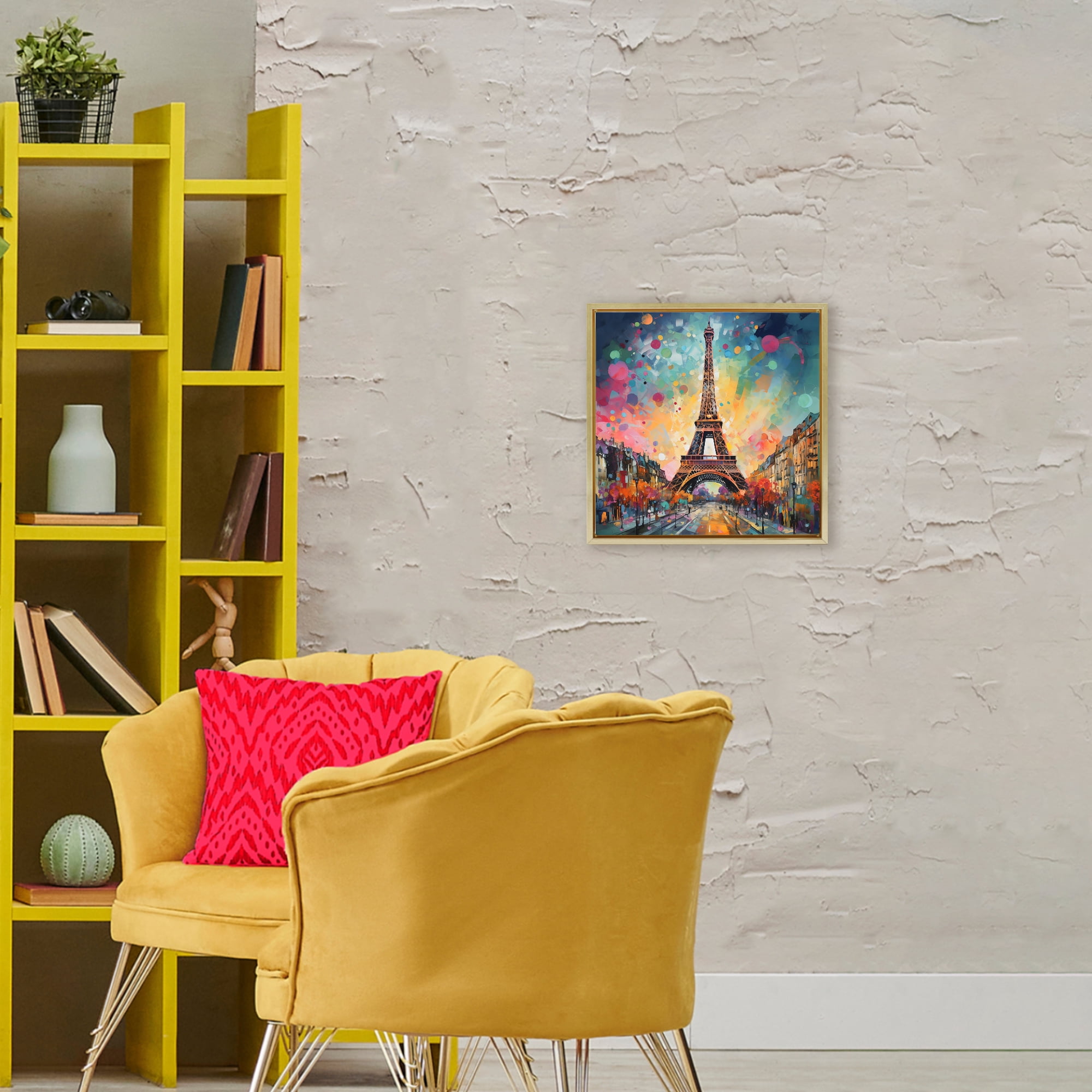 Stupell Industries Eiffel Tower with Vibrant Dots Gold Framed Floater Canvas Wall Art, design by Creative Studio