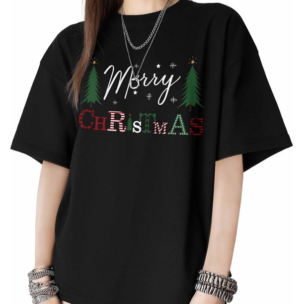 T Shirts for Womens Christmas Tree Snowflakes Short Sleeve Graphic Tees Loose Fit T-Shirt Cotton Casual Tops