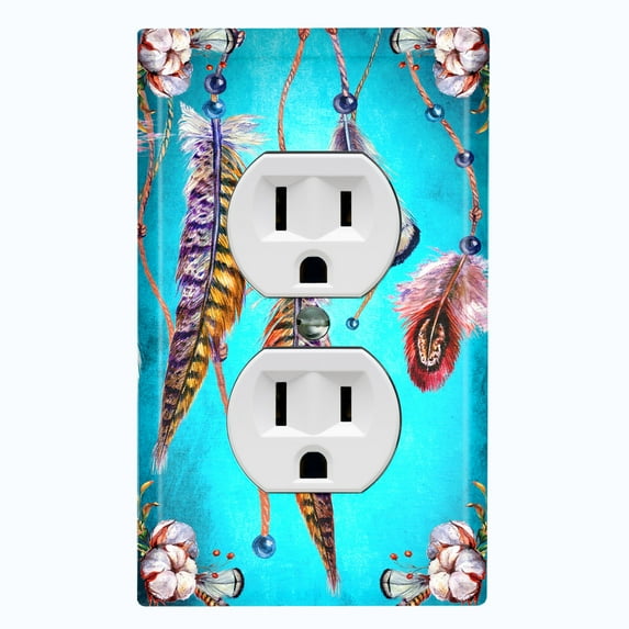 Metal Light Switch Plate Cover Beaded Feather Flower Strings Teal DRM013