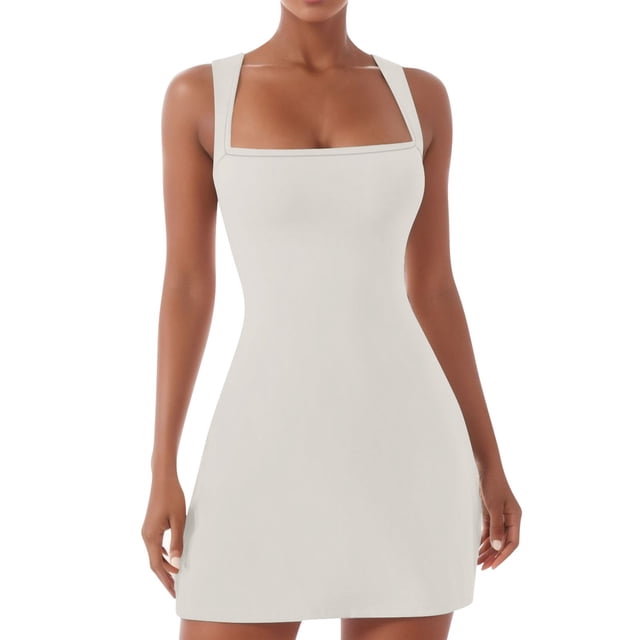 Mini vestido elástico sin mangas con cuello cuadrado para mujer: corpiño ajustado, cintura alta, largo por encima de la rodilla, prenda informal/de fiesta con tejido de doble forro