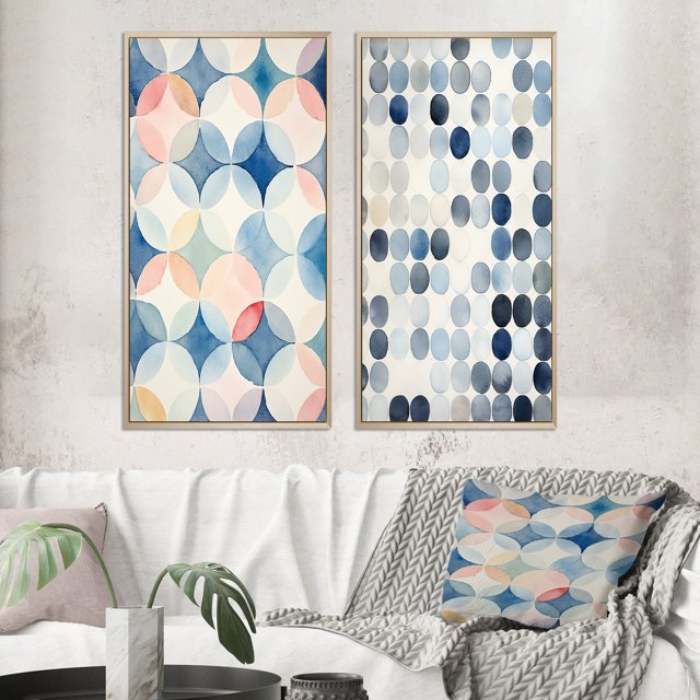 Designart "Circular Retro Aquarelle Indigo Secrets V" Art Mural Géométrique Moderne Encadré Ensemble de 2 - Art Mural Encadré Bleu Moderne Ensemble de 2