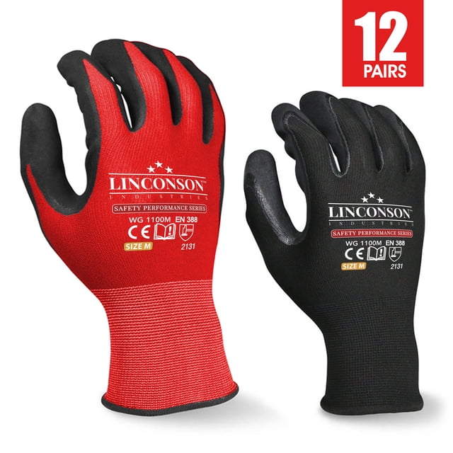 LINCONSON Lot de 12 Gants de Travail de Mécanicien de Construction Safety Performance Series (Moyen, Noir et Rouge)