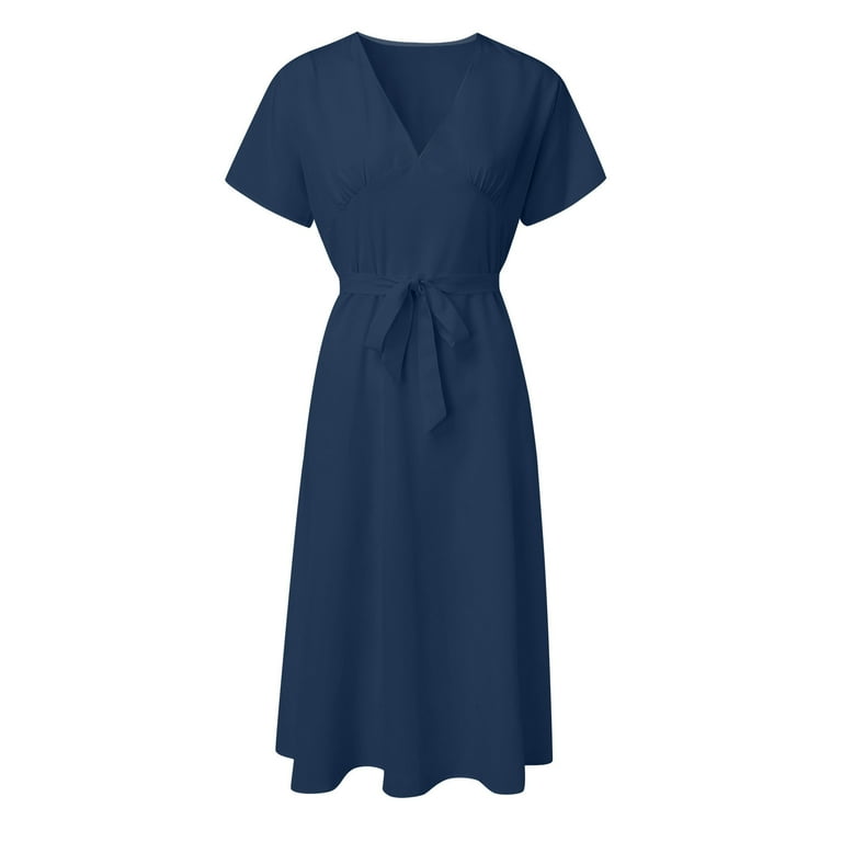 Toimothcn Jlfkng Leisure Womens Dresses V Neck Short Sleeve Casual Dress Simple Solid Color Breathable Loose Fit Dresses Comfy Womens Sundress,