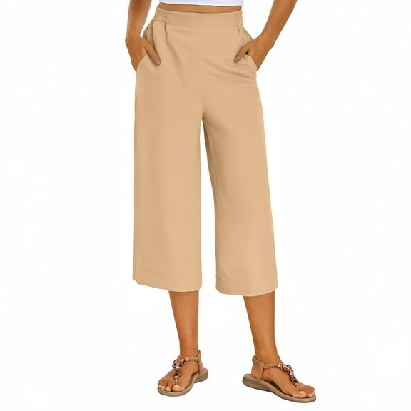 CheerKidz Capri Pants for Women Fashion Wide Leg Summer Pants Drawstring Elastic Waist Trendy Capris Trousers Work Trousers with Pockets(Beige#1,M)