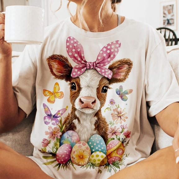 Easter Day Highland Cow T-Shirt, Cute Retro Cow Bunny Tee, Western Floral Spring Shirt, Happy Easter Vibes Graphic T-Shirt
