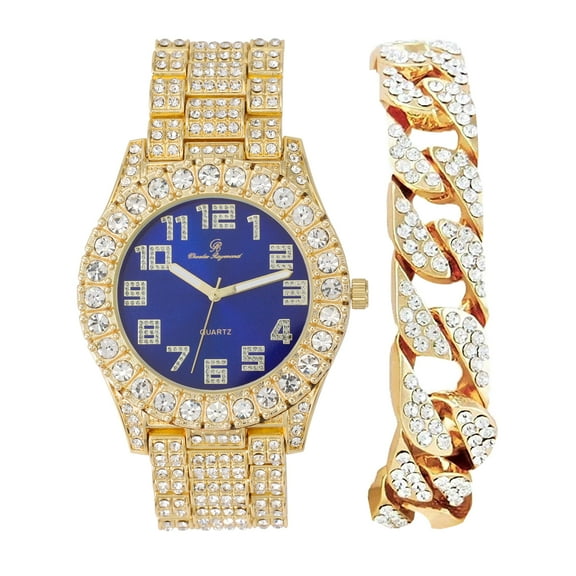 Charles Raymond Mens Big Rocks with Numerals Fully Iced Out Colorful Dial Blinged Out Hip Hop Watch - ST10327ARC Cuban Gold Royal Blue