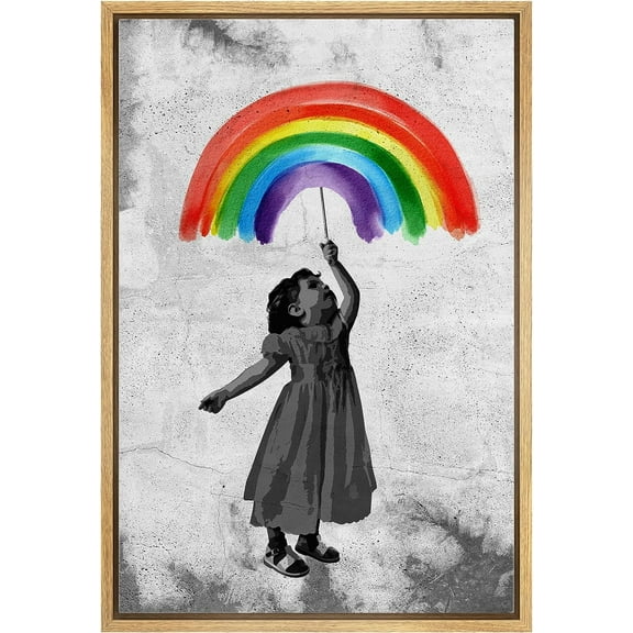 Wall26 Framed Canvas Print Wall Art Banksy Girl Rainbow Umbrella Wall Print Graffiti & Street Art Urban Architecture Cityscape Grunge Dark Modern Photograph Art Decorative - 16"x24" Natural