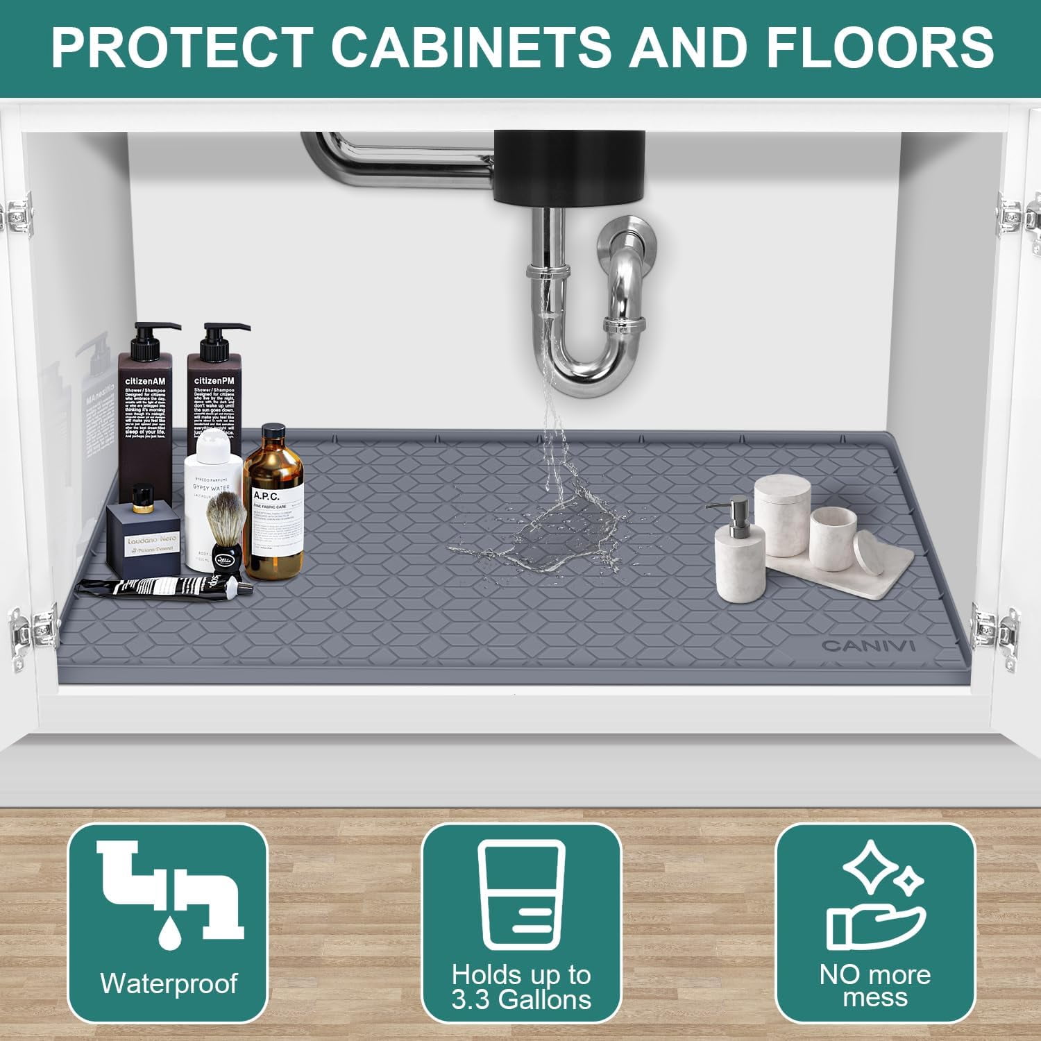 Under Sink Mat, 34" x 22" Waterproof Silicone Under Sink Tray for Kitchen & Laundry Cabinets, Kitchen Cabinet Shelf Protector, Up to 3.3 Gallons Liquid, Fits 36 inch Standard Cabinet(Grey)