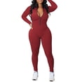 thumbnail image 2 of Women Zip Up One Piece Bodycon Jumpsuit Sexy Deep V Neck Long Sleeve Ribbed Jumpsuit Romper Party Clubwear Outfits, 2 of 3