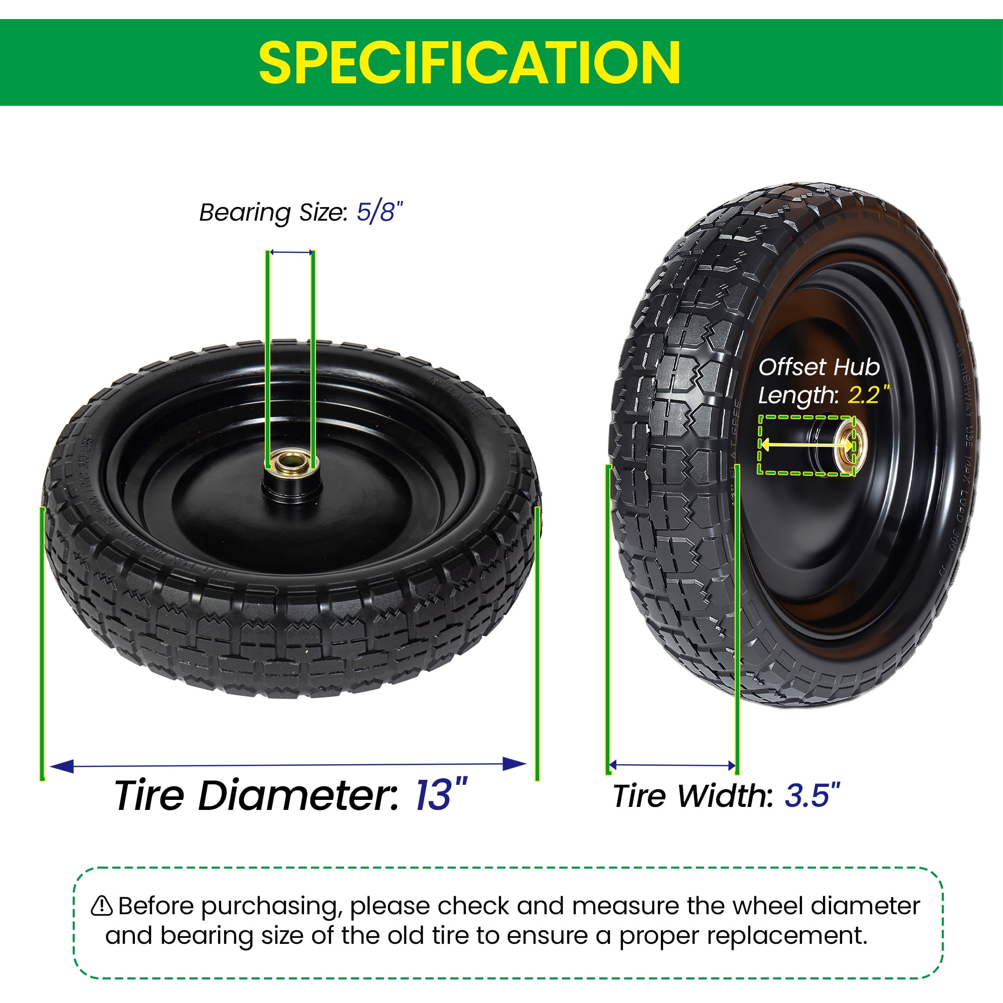 Leumius Set of 2 13" Solid Rubber Tires 4.00-6 Flat Free Wheels with 5/8" Bearings 2.2" Offset Hub Replacement for Hand Truck Wheelbarrow Garden Wagon Dolly Trailer Utility Cart