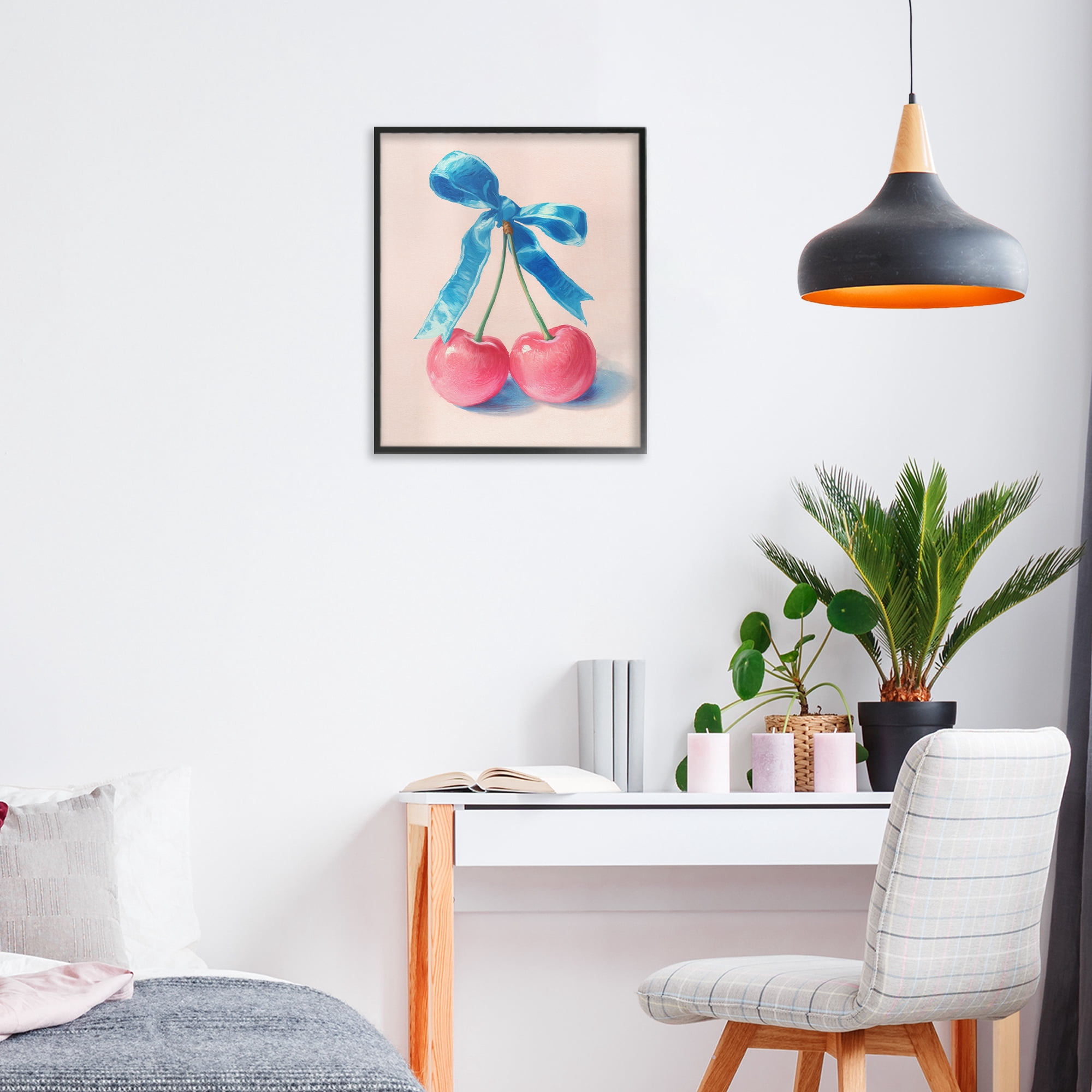 Stupell Industries Twin Cherries with Blue Ribbon Black Framed Giclee Art, design by Imagine It Images