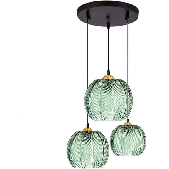 Spherical Pendant Light w/Leaf Vein Green Glass Lampshade Industrial Vintage E26 Gold Finish Globe Ceiling Hanging Lamp Farmhouse Dining Room Lighting Fixture (3-Lights)