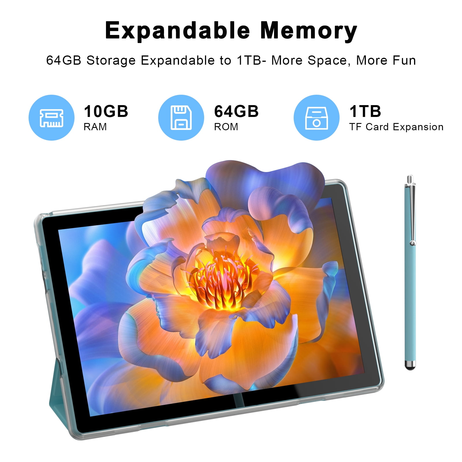 Peicheng 10" Android 15 Tablet, 10(4+6Expand)GB RAM+64GB ROM Tablet Kit with Protective Case/Stylus, 2+8MP Dual Camera, 6000mAh Battery (1set, Silvery-blue)