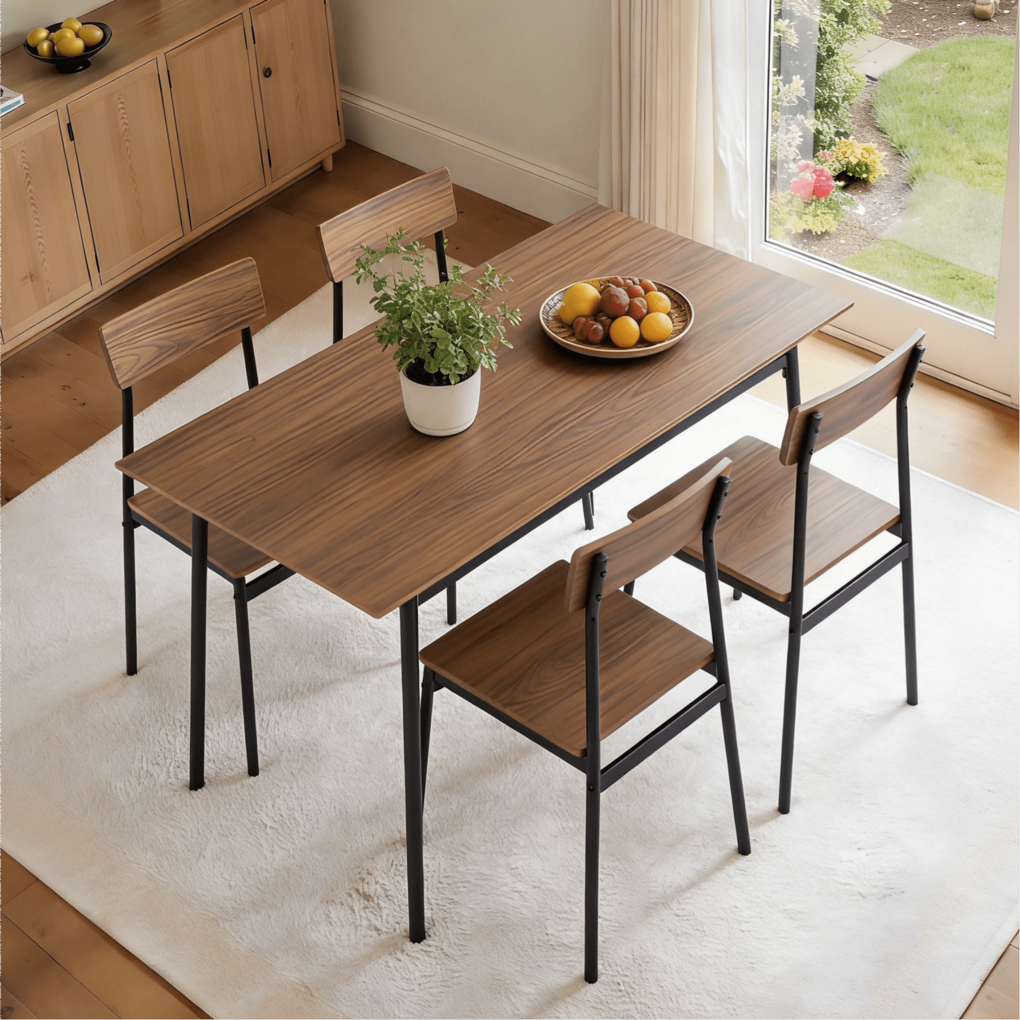 Gewnee 5-Piece Dining Table Set for 4, Rectangular MDF Table with Metal Base for Kitchen, Walnut Grain