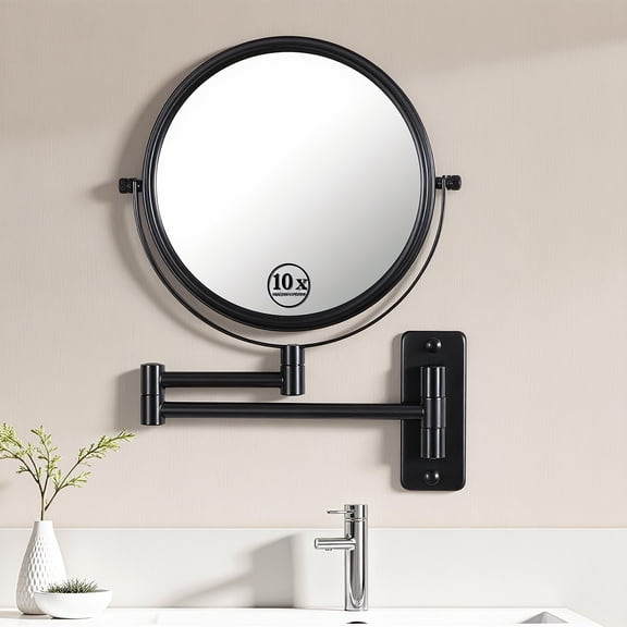 Black 8 in. Double-Sided Magnifying Mirror, Wall-Mounted Vanity Mirror with 360° Rotation & Extendable Arm for Makeup & Shaving
