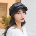 thumbnail image 4 of Clearance! Fdelink Beret Hat Winter Hats Women's Beret Leather Solid Color Versatile Painter Hat Spring Octagonal Hat Black, 4 of 8