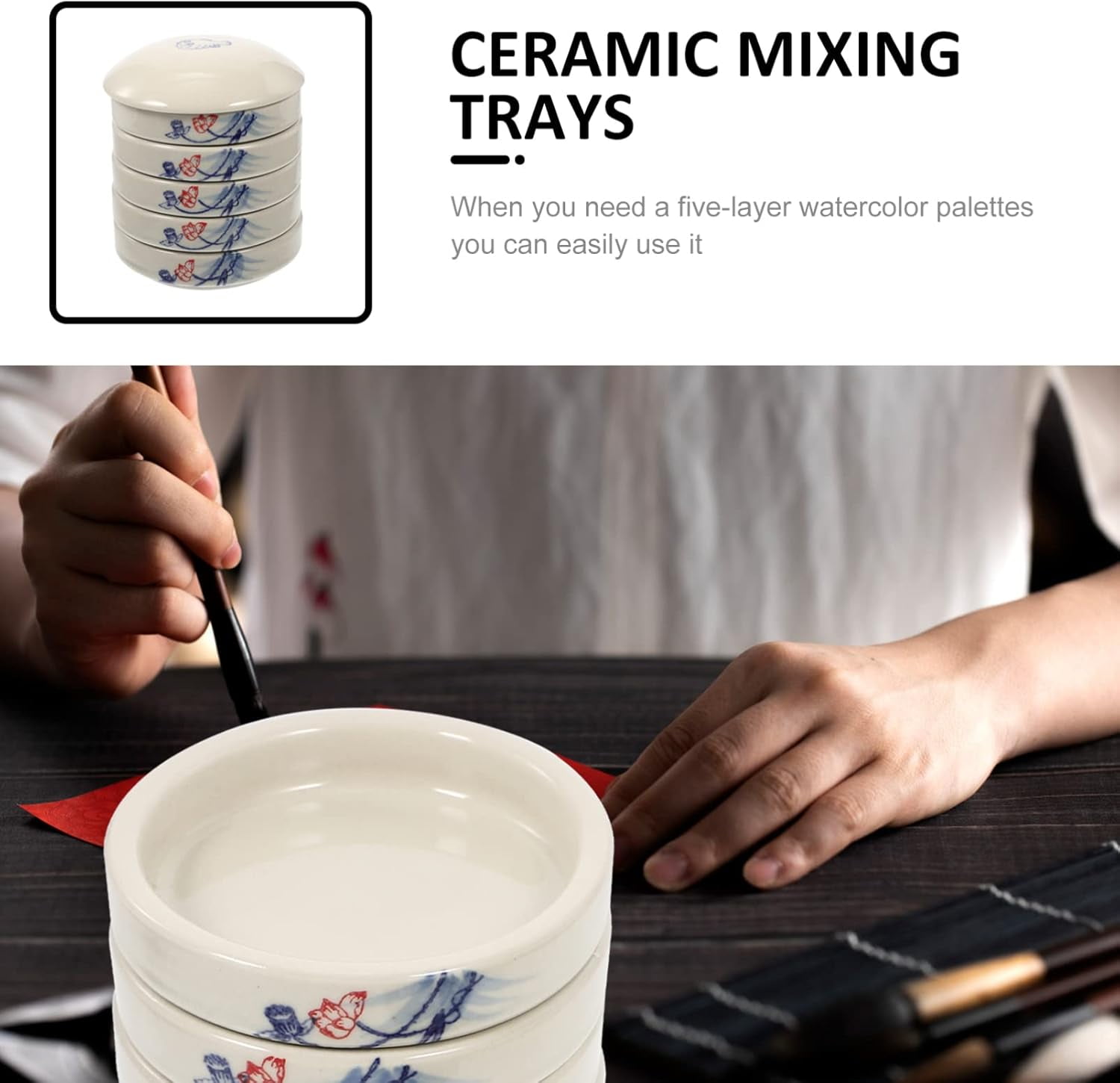 ABPETE 5 Layers, Stack-able Paint Plate, Porcelain Chinese Painting Mixing Trays, Watercolor Paint, Ink Mixing Tray, Artist Paint Coloring Tray with Lid